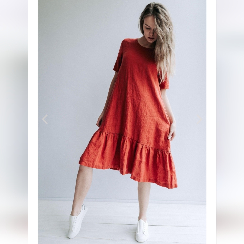 Linenbee Burgundy Juliana Drop Waist Tiered Linen Dress - S